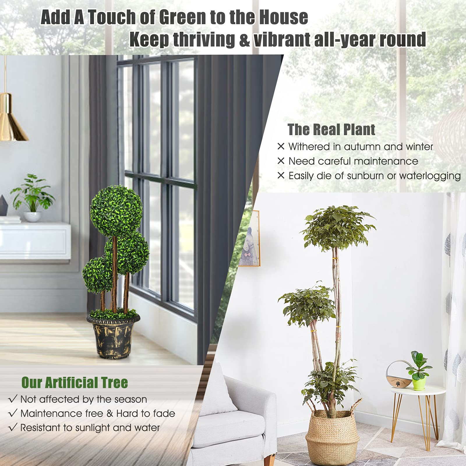 Giantex Topiary Artificial Tree, Fake Greenery Plants w/Realistic Leaves, Decorative Pot