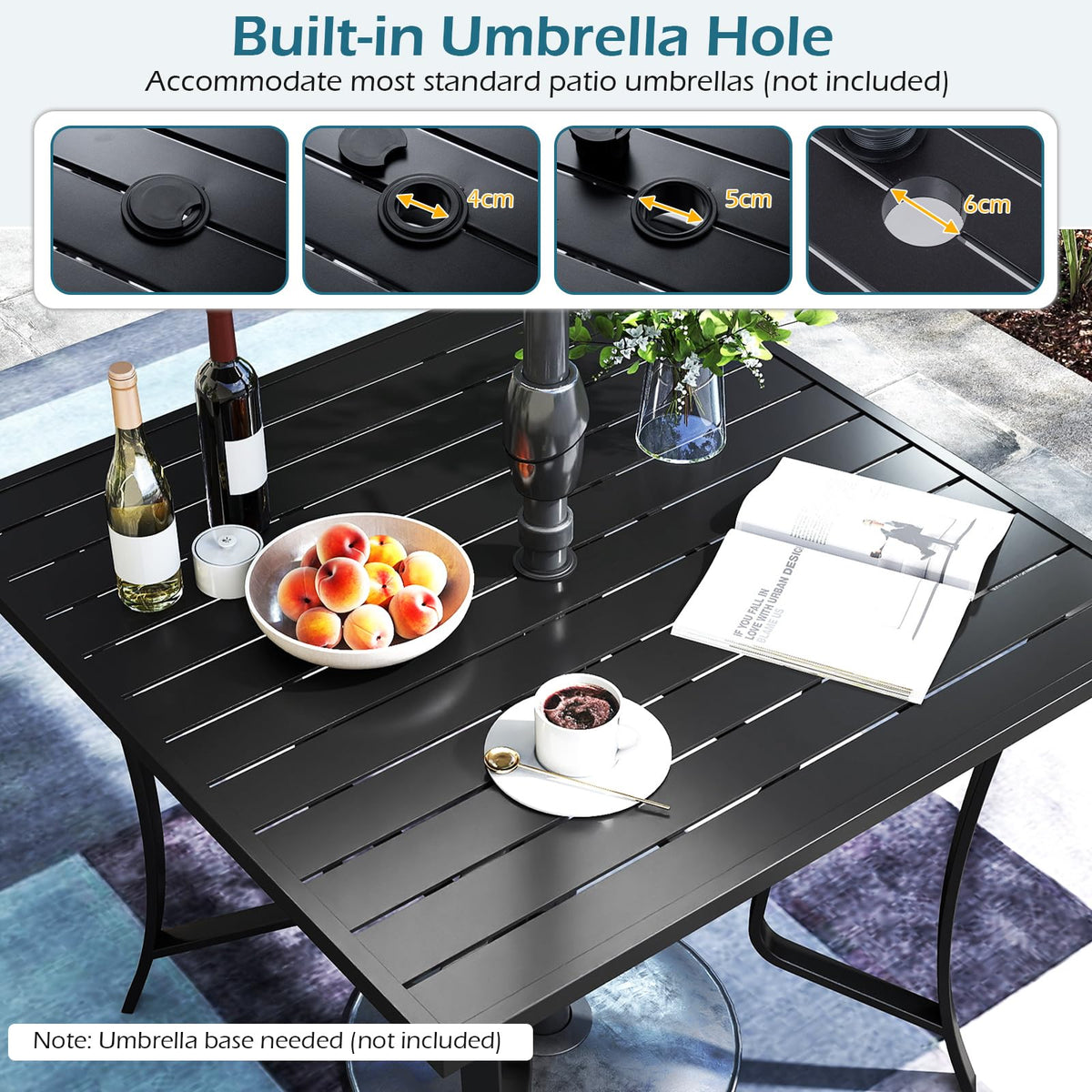 Square Patio Table for 4 , 91 cm Square Metal Slat Table with 4-6 cm Adjustable Umbrella Hole