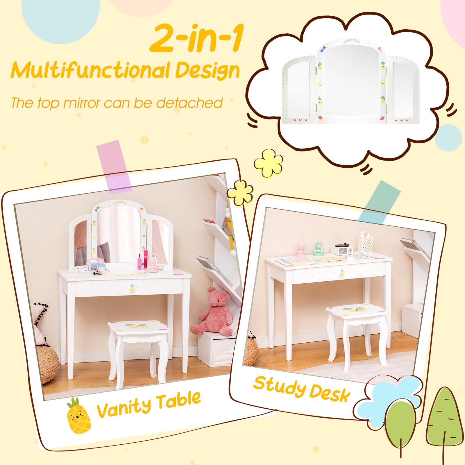 HONEY JOY Kids Vanity Table and Chair Set, Kids Dressing Table w/Tri-Folding Mirror, Large Storage Drawer