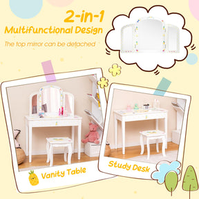 HONEY JOY Kids Vanity Table and Chair Set, Kids Dressing Table w/Tri-Folding Mirror, Large Storage Drawer