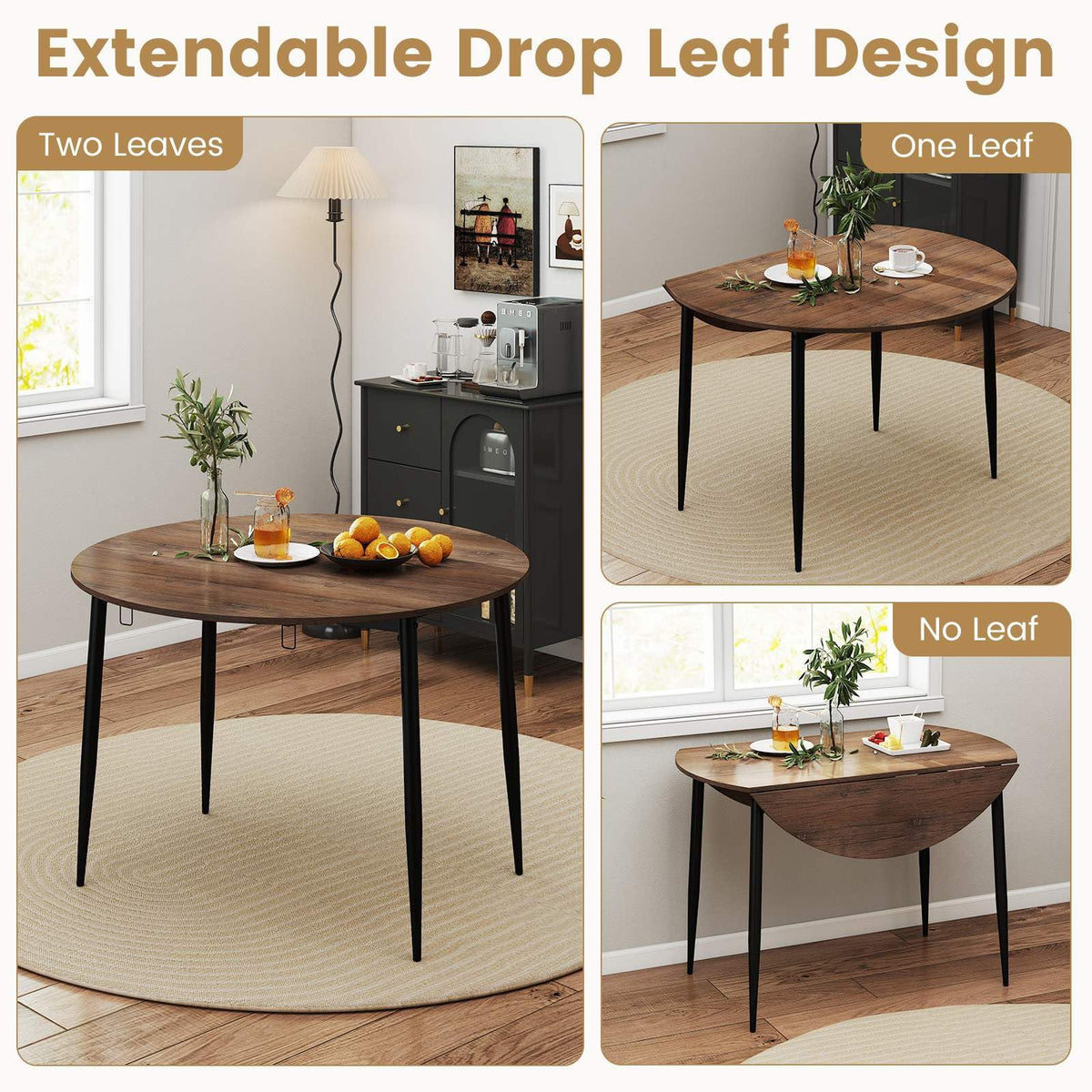 5-Piece Dining Table Set for 4 People, Extendable Round Kitchen Table w/Drop Leaf Tabletop