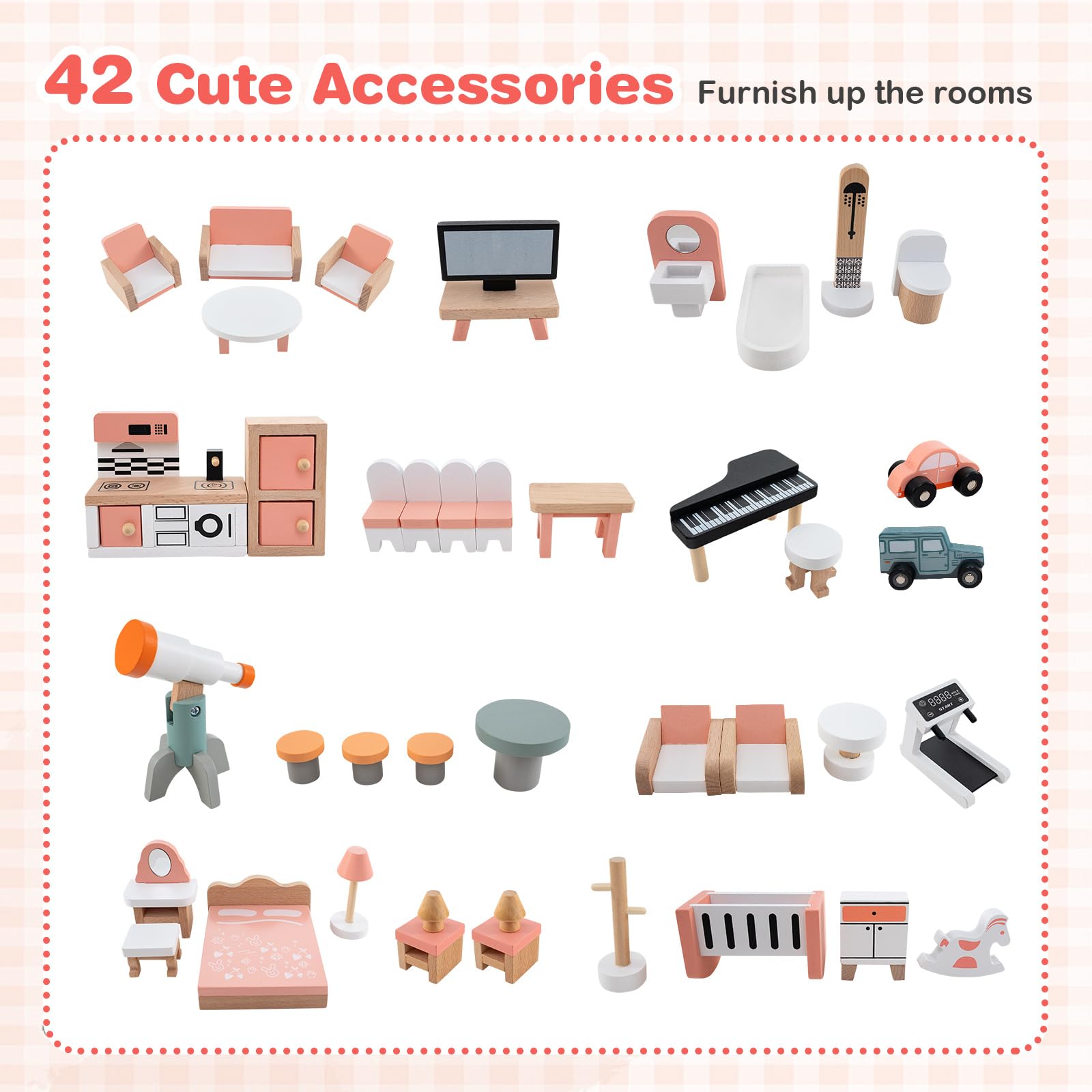 Wooden Corner Dollhouse Playset with 34 Pieces of Furniture and Accessories