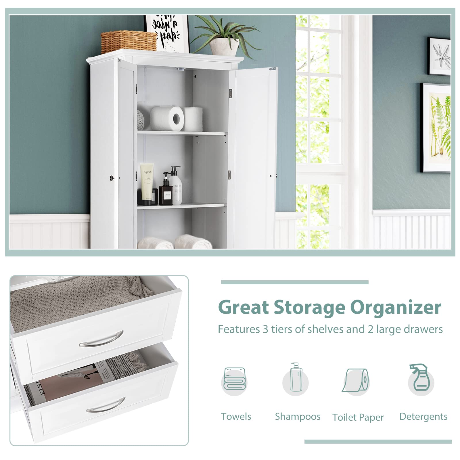 Giantex Kitchen Pantry Cabinet, 158cm Freestanding Floor Cupboard w/ 2-Door Cabinet & 2 Spacious Drawers, White