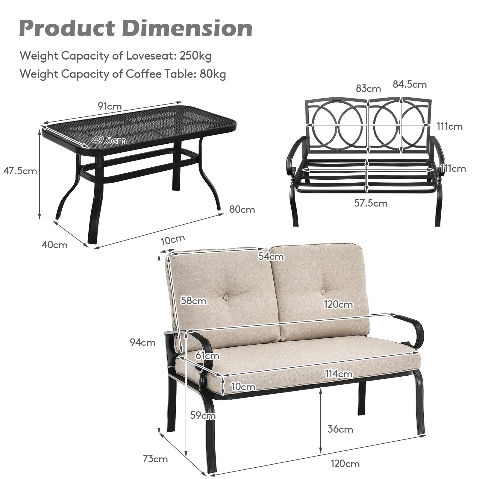 2 Pieces Outdoor Conversation Set with Ergonomic Backrest & Armrest for Balcony & Poolside