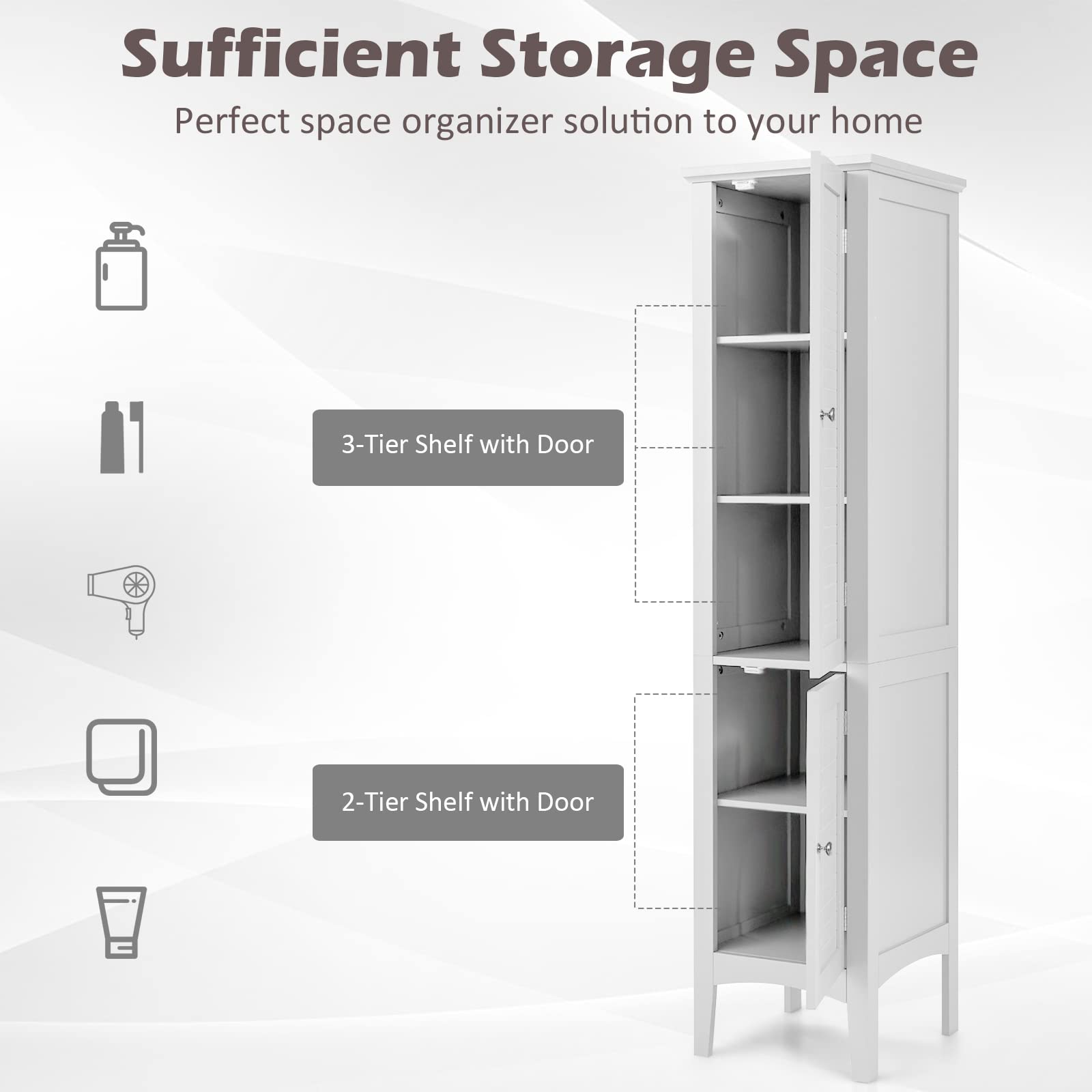 Giantex Bathroom Tall Storage Cabinet, 5-Tier Freestanding Tower Cabinet w/ 2 Shelves & Doors, White