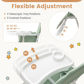Foldable High Chair, Easy Clean Compact Highchair with Removable Adjustable Tray and PU Seat Cushion, 5-Point Safety Belt for Babies