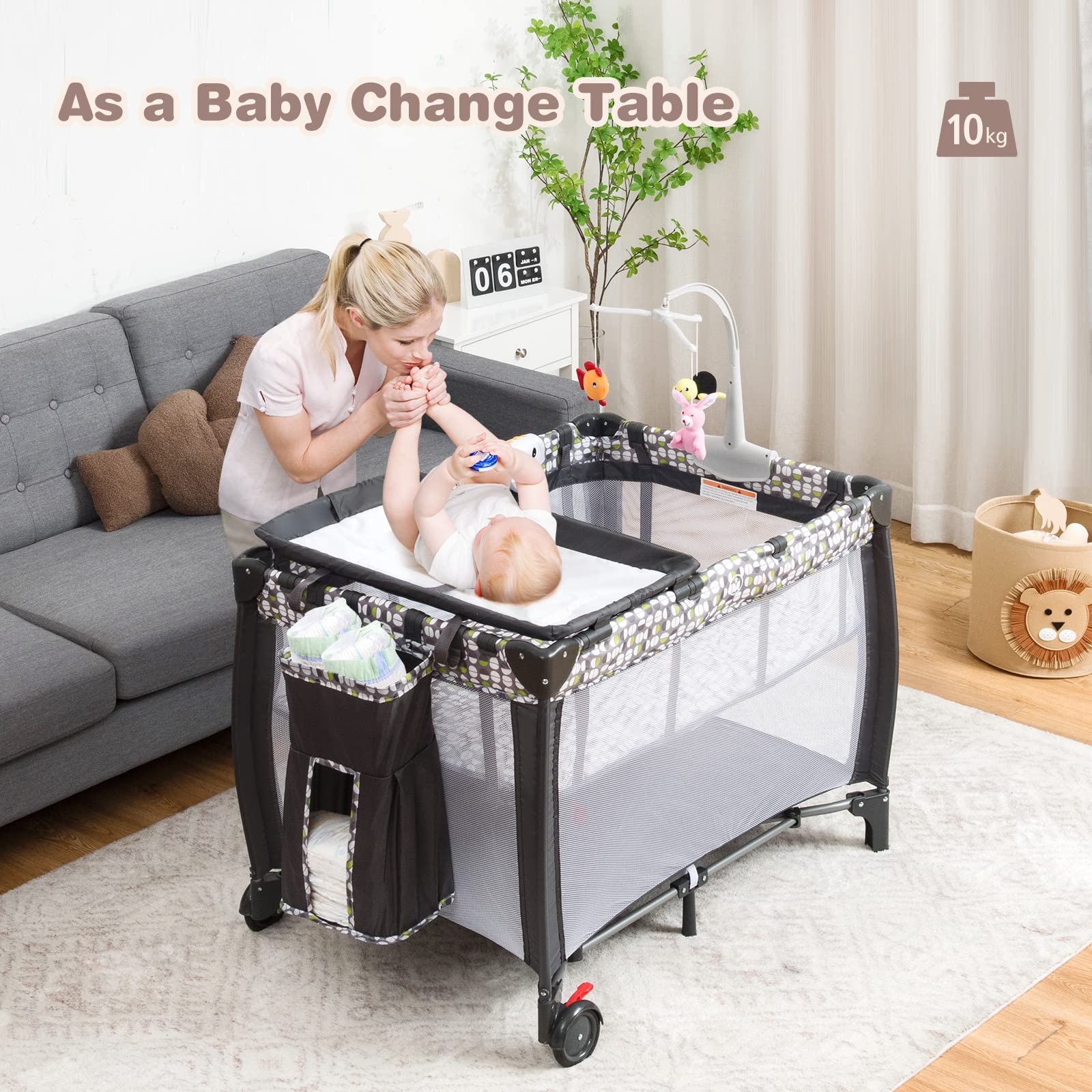 3 in 1 Baby Playard, Convertible Playpen Baby Bassinet w/ Changing Table
