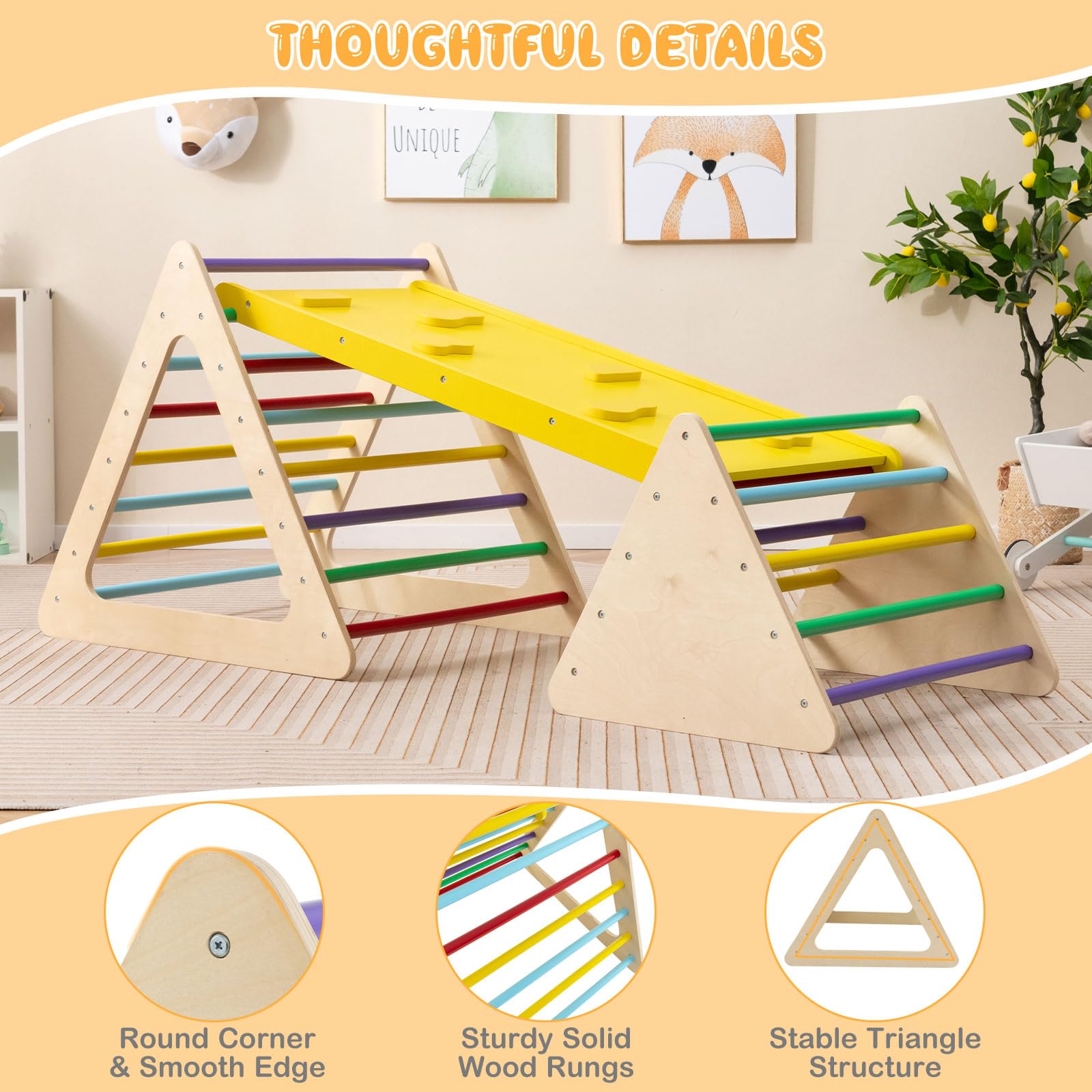 3 in 1 Triangle Climber with Ramp, 3 Piece Play Equipment Wooden Climbing Toys for Toddlers