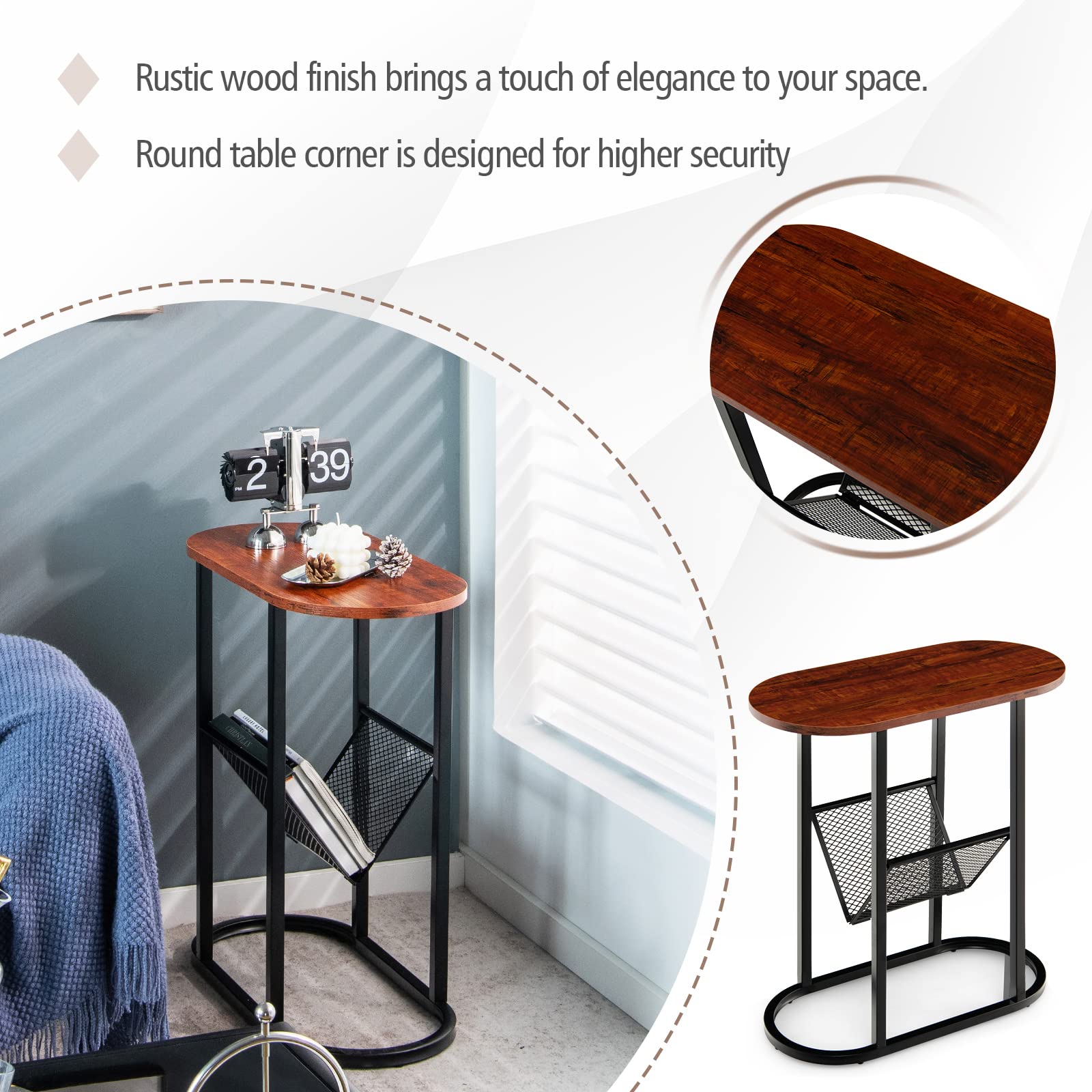 Giantex Industrial Side Table, 2-Tier End Table w/Mesh Shelf, Floor Coffee Table w/Heavy-Duty Steel Frame, Rustic Brown