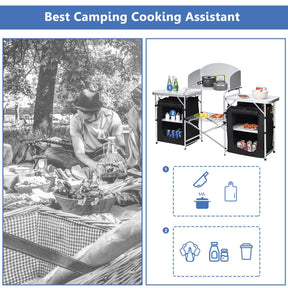 Portable Camping Kitchen Table, Aluminum Fold-Up Camping Kitchen with Windscreen