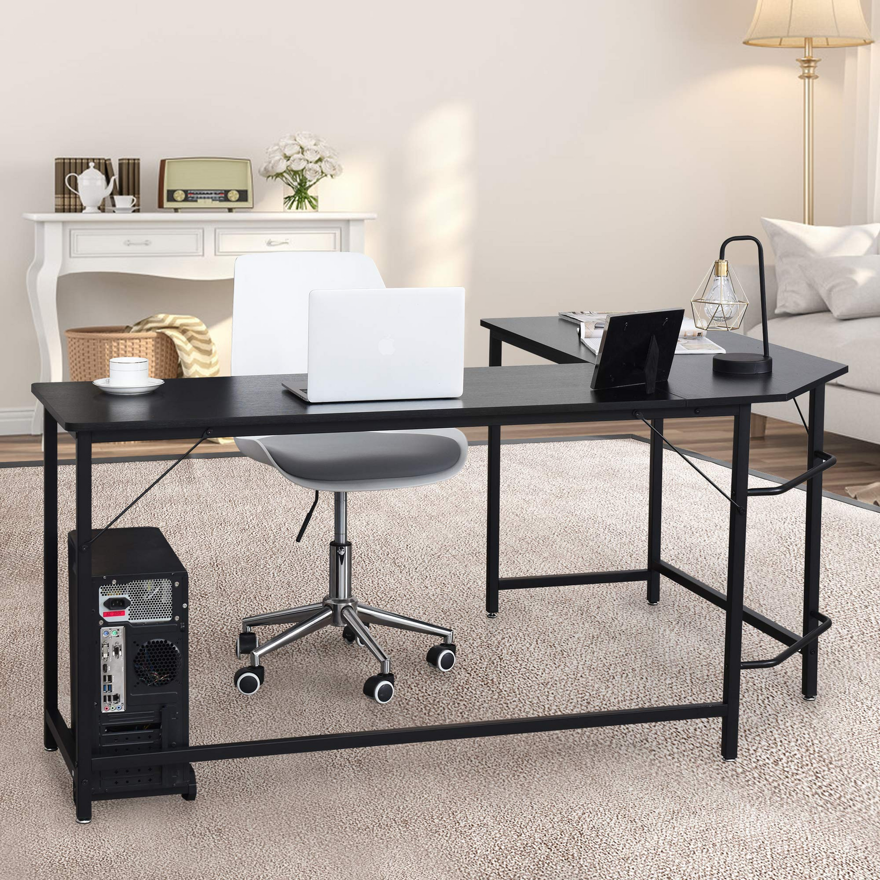 L-Shaped Corner Computer Desk, Home Office Desk PC Laptop Study Table, with CPU Stand