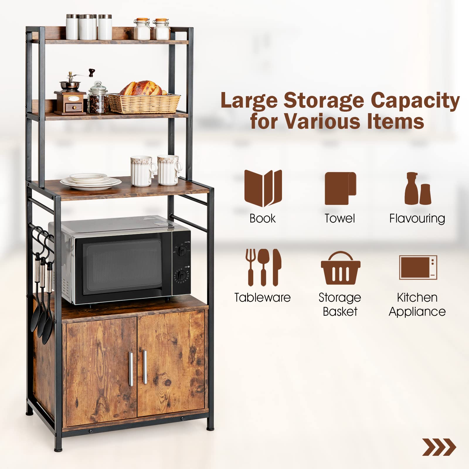 Giantex 4-Tier Baker’s Rack, Kitchen Storage Cabinet w/ 3 Tier Hutch Shelf, Industrial Microwave Oven Stand