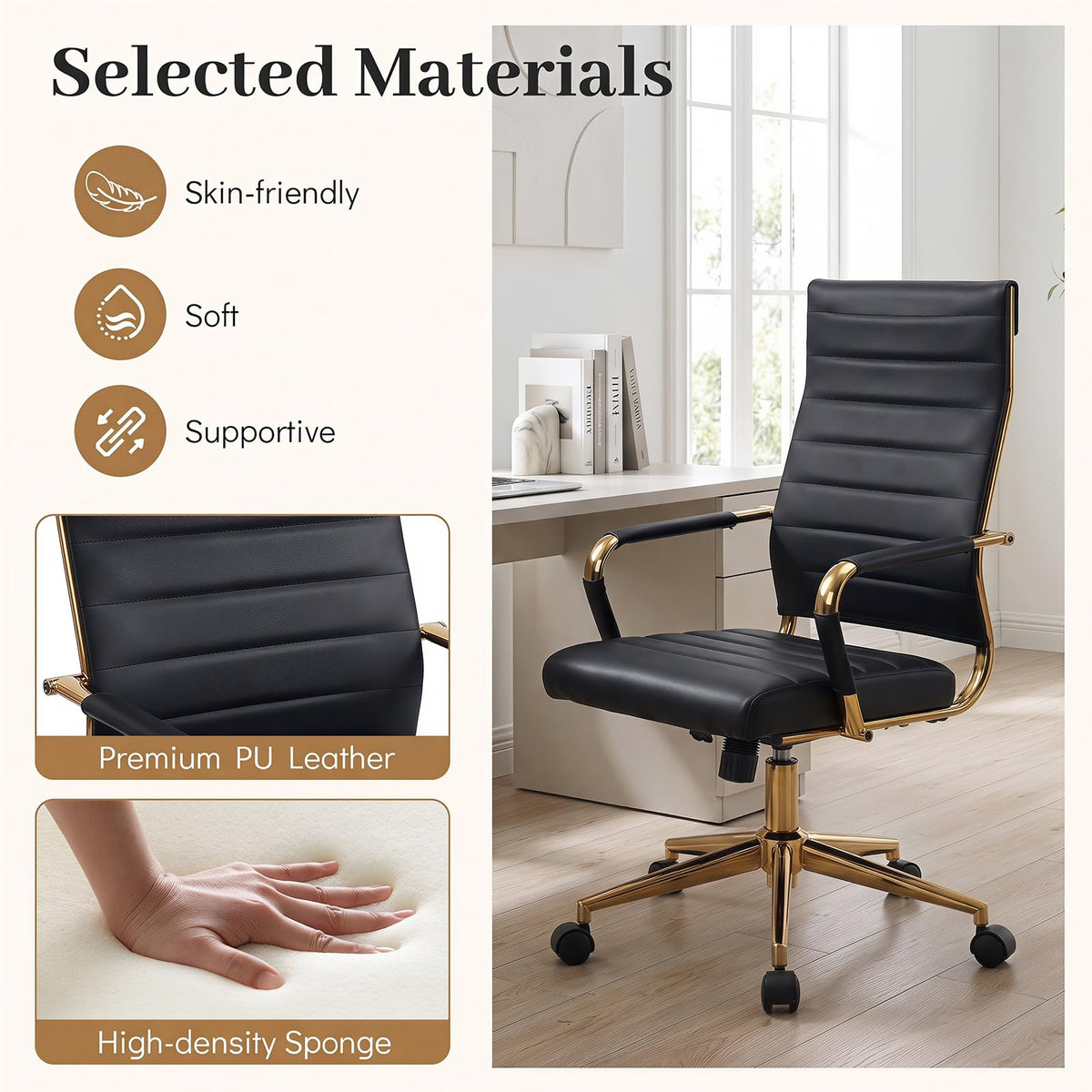 White and Gold Office Chair, Ribbed PU Leather Computer Desk Chair with Armrests & Reclining Backrest