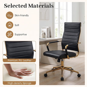 White and Gold Office Chair, Ribbed PU Leather Computer Desk Chair with Armrests & Reclining Backrest