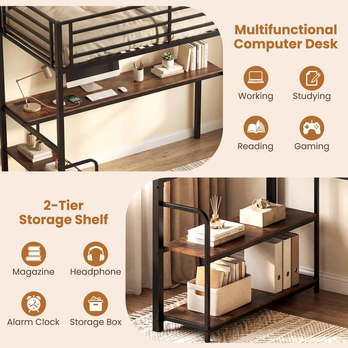 Loft Bed Single Size with Desk, 2-in-1 Metal Loft Bed Frame with Charging Station, Desk and 2 Shelves