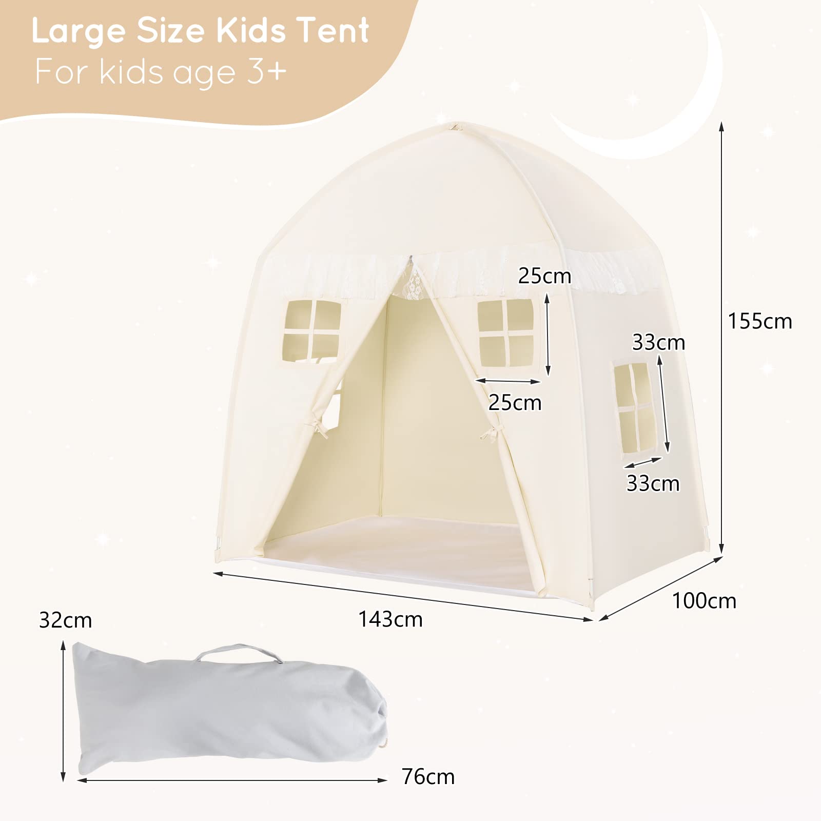 HONEY JOY Kids Play Tent with Non-Slip Mat, Large Cotton Canvas Playhouse w/ 4 Windows, Straps, Zipper, Carry Bag