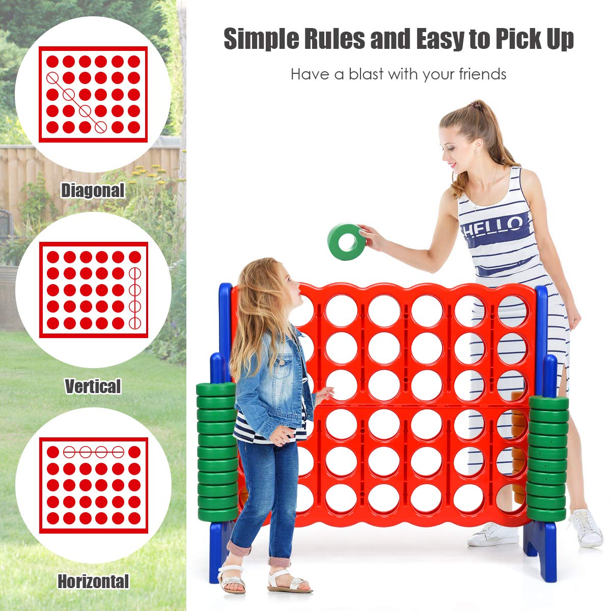 Oversized 4 in A Row Connect Game with 42 Jumbo Rings & Quick-Release Sliders