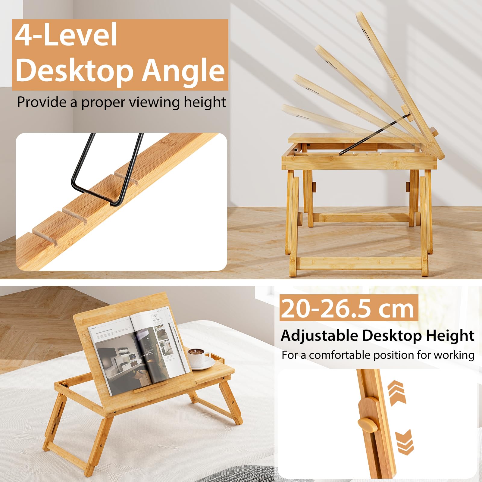 Giantex Bamboo Laptop Lap Tray w/Adjustable Legs & Tilting Heat-Dissipation Top