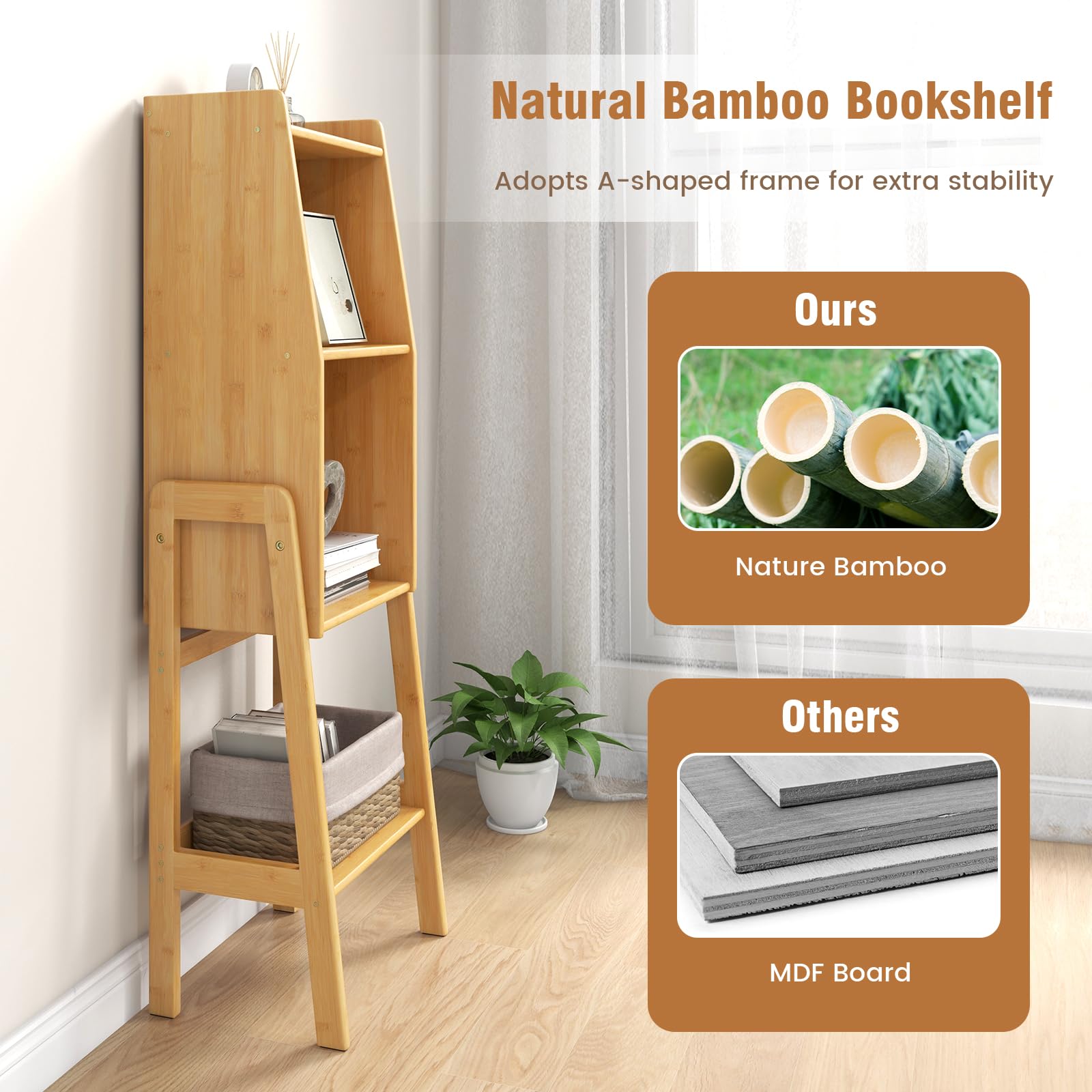 Giantex Bamboo Bookshelf, Modern Bookcase w/Legs