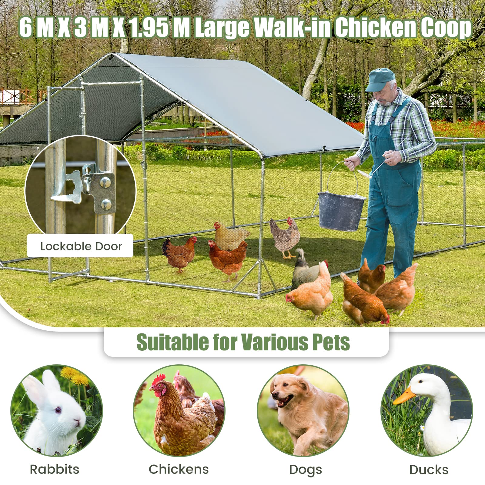 Large Metal Chicken Coop, Walk-in Poultry Cage Hen Rabbit Run House with Waterproof & Sun-Proof Cover