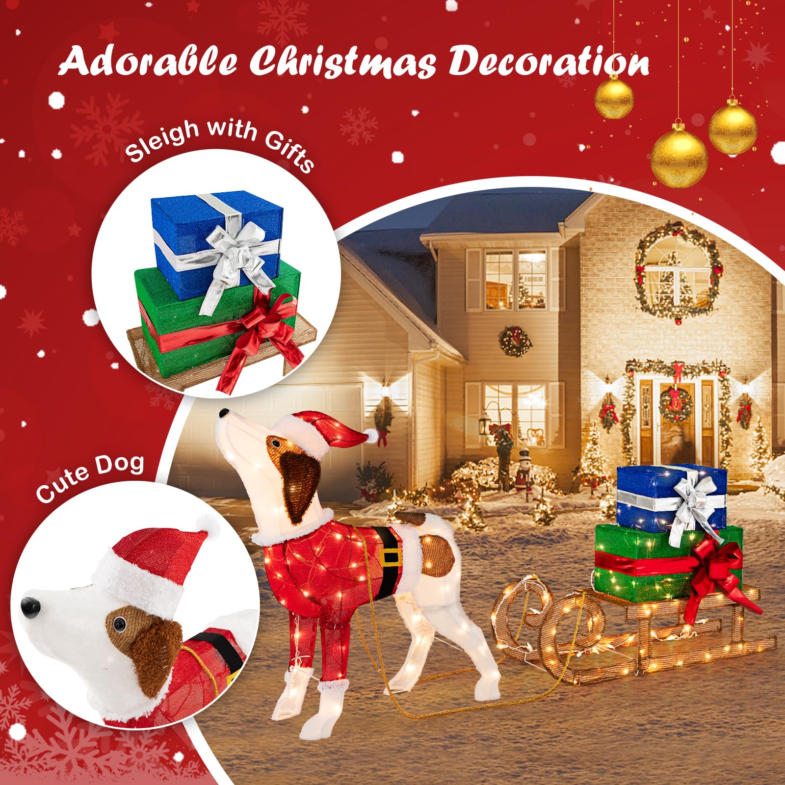 Lighted Christmas Decorations, 170 Warm Bright Lights Outdoor Pre-lit Xmas Dog & Sleigh & Gift Boxes Combo