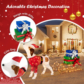 Lighted Christmas Decorations, 170 Warm Bright Lights Outdoor Pre-lit Xmas Dog & Sleigh & Gift Boxes Combo