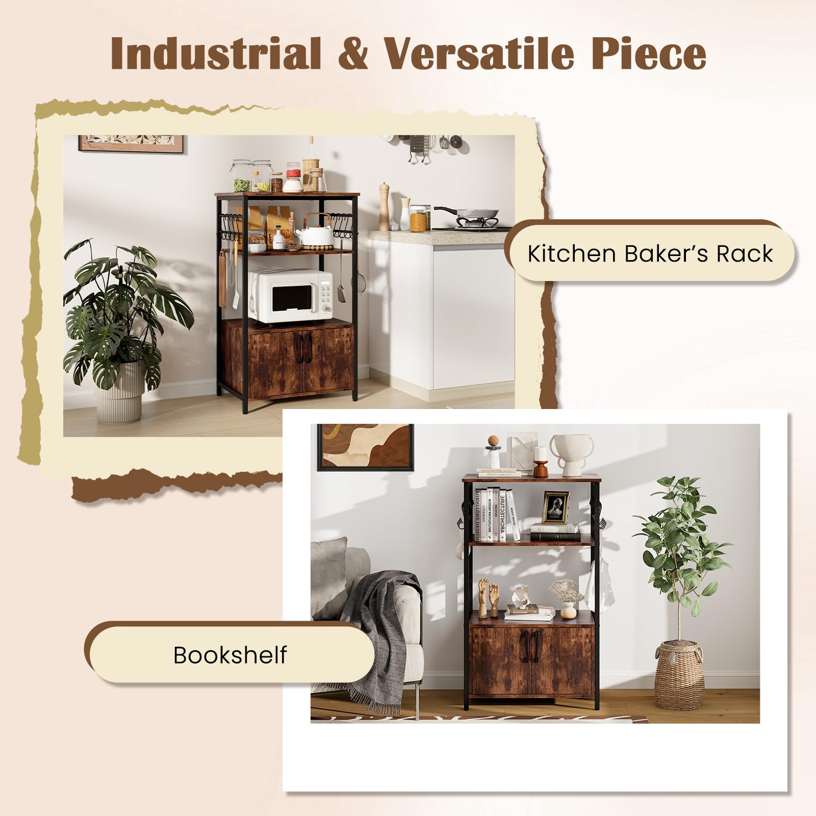 Industrial Kitchen Baker’s Rack 3-Tier Pantry Cabinet Microwave Oven Stand
