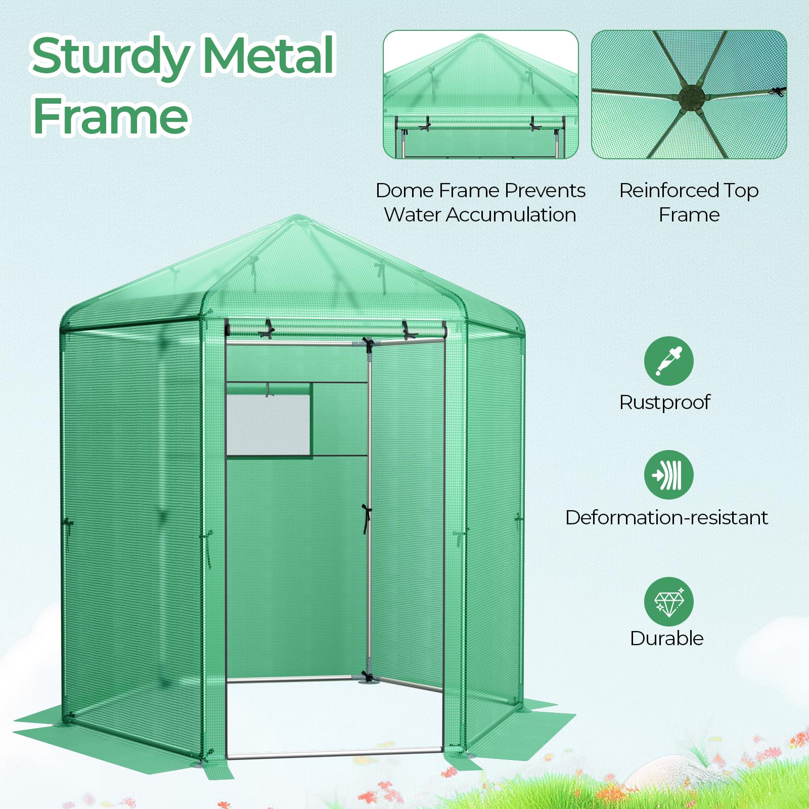 Walk-in Greenhouse, Hexagonal Greenhouse with PE Cover & Metal Frame, Winter Greenhouse with 2-Layered Window & Roll-Up Door