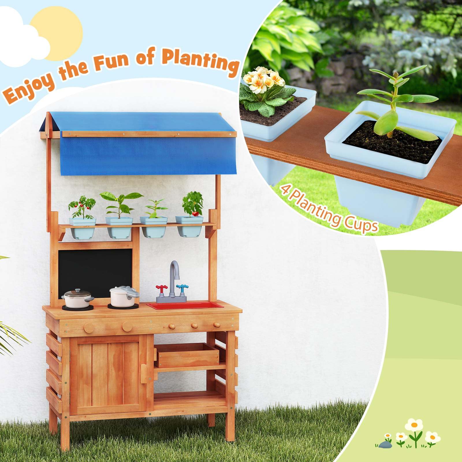 Mud Kitchen, Wooden Pretend Play Kitchen with Height Adjustable Canopy, Blackboard, Planting Cups, Stoves, Sink