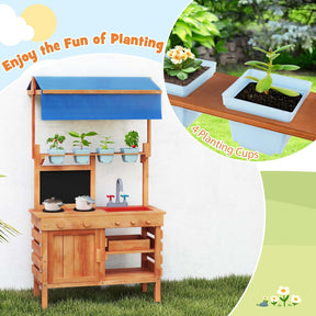 Mud Kitchen, Wooden Pretend Play Kitchen with Height Adjustable Canopy, Blackboard, Planting Cups, Stoves, Sink