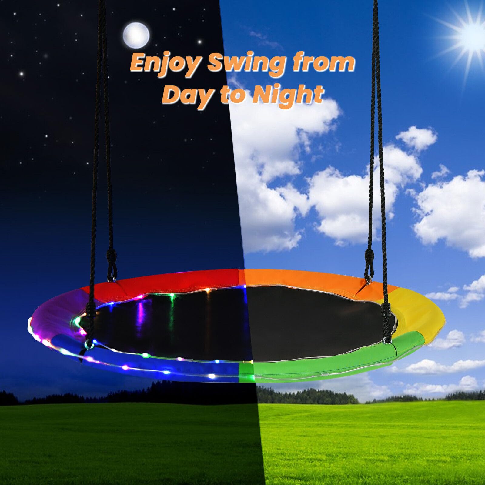 40”/100CM Saucer Tree Swing with LED Lights, Indoor Outdoor Saucer Swing for Kids Adults w/Adjustable Multi-Strand Hanging Ropes