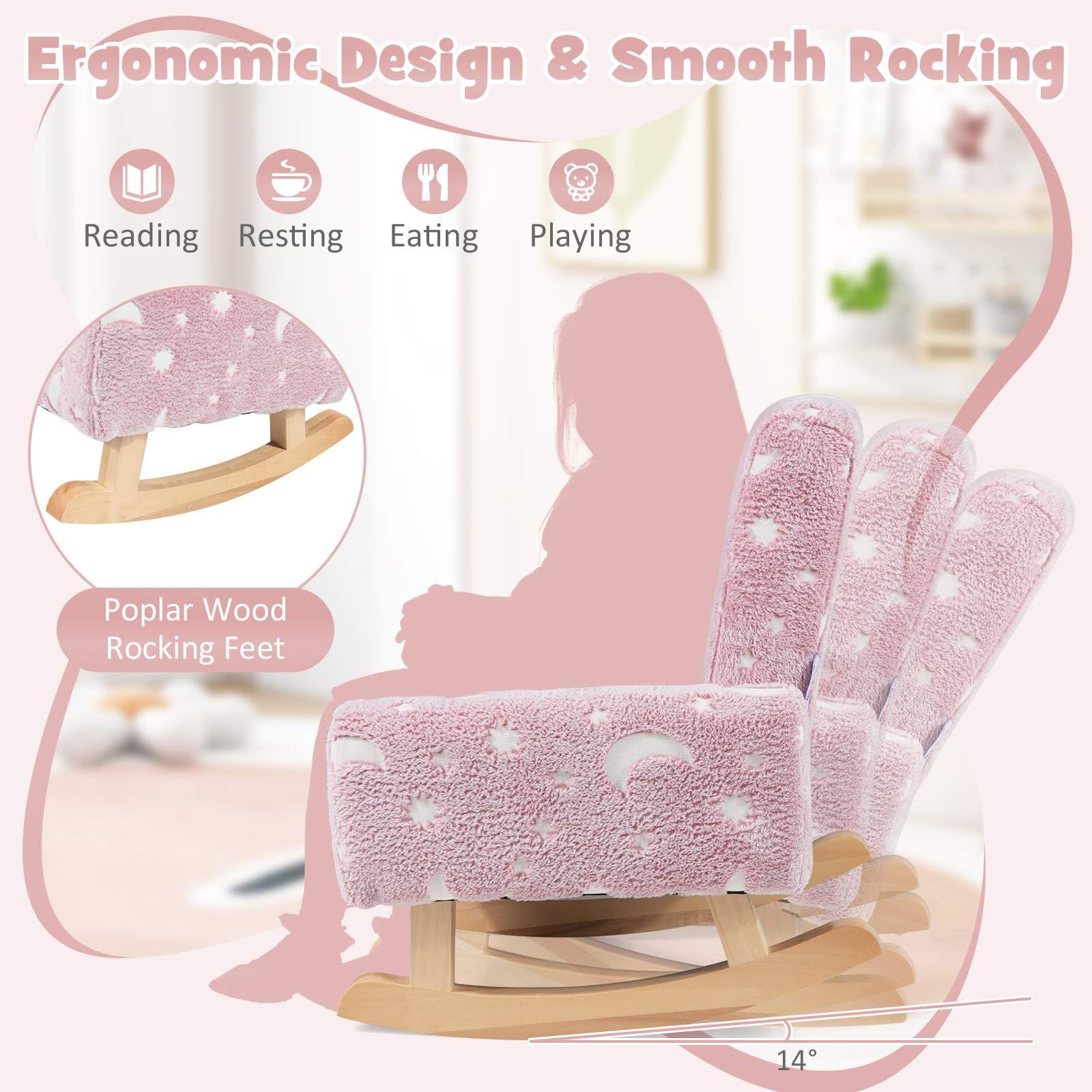 HONEY JOY Kids Rocking Chair, Glow in The Dark,Upholstered Flannel Children Rocker with Solid Poplar Wood Rocking Feet