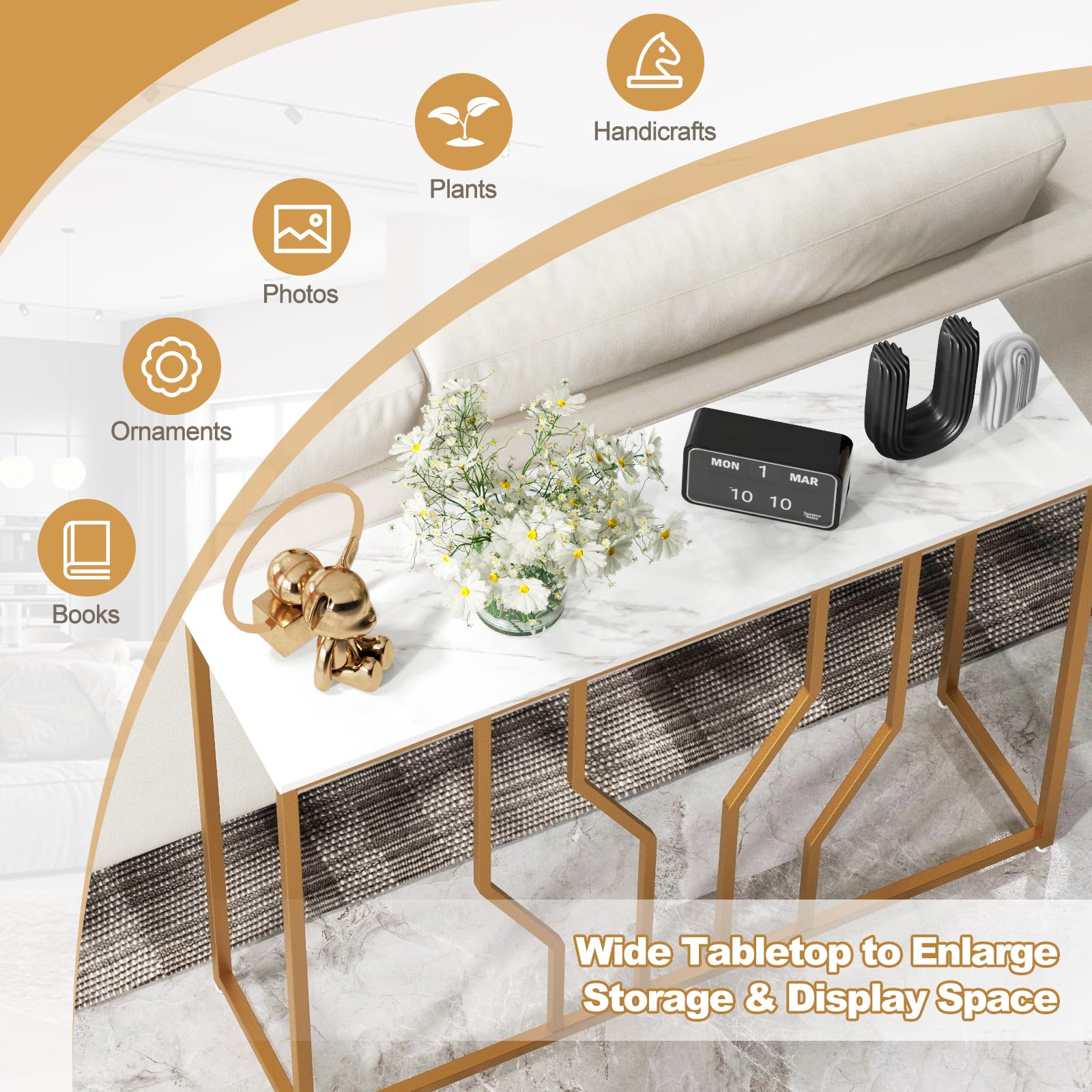Giantex Gold Console Table, 110 cm Modern White Entryway Table with Faux Marble Tabletop