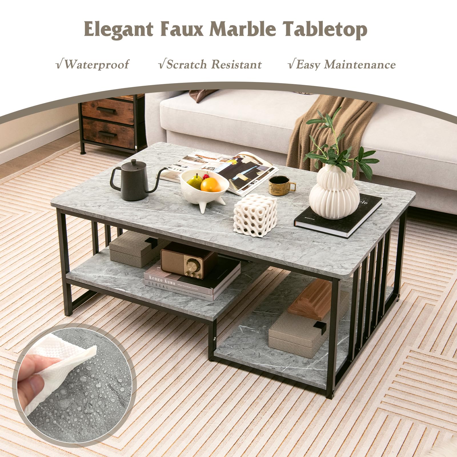 Giantex Faux Marble Coffee Table, Rectangular 2-Tier Center Table with Open Storage Shelf