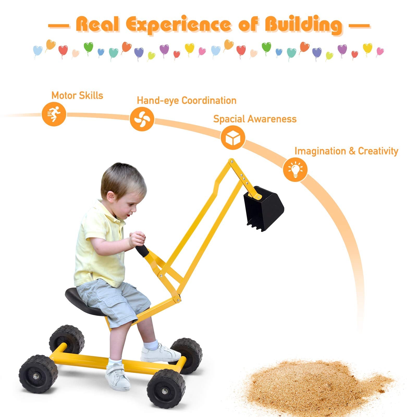 Kids Ride-on Sand Digger with Wheels, Ride On Excavator Crane with 360° Rotating Seat for Dirt