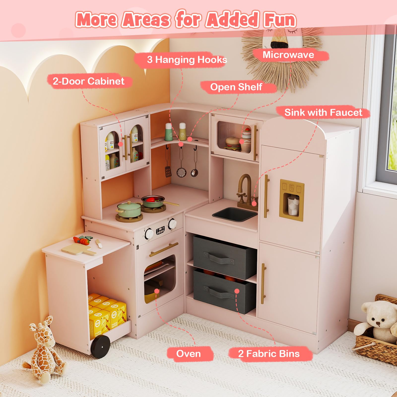 Corner Kitchen with Lights and Sounds, Interactive Wooden Playset w/Retractable Countertop