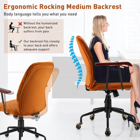 Giantex Retro Mid-Back Office Chair, Swivel Velvet Computer Desk Chair w/Rubber Wood Armrest