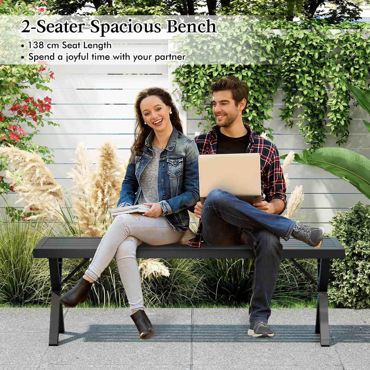 Patio Metal Bench, Heavy-Duty 2-Person Bench w/Slatted Seat & X Legs