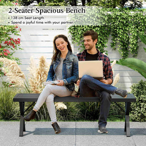 Patio Metal Bench, Heavy-Duty 2-Person Bench w/Slatted Seat & X Legs