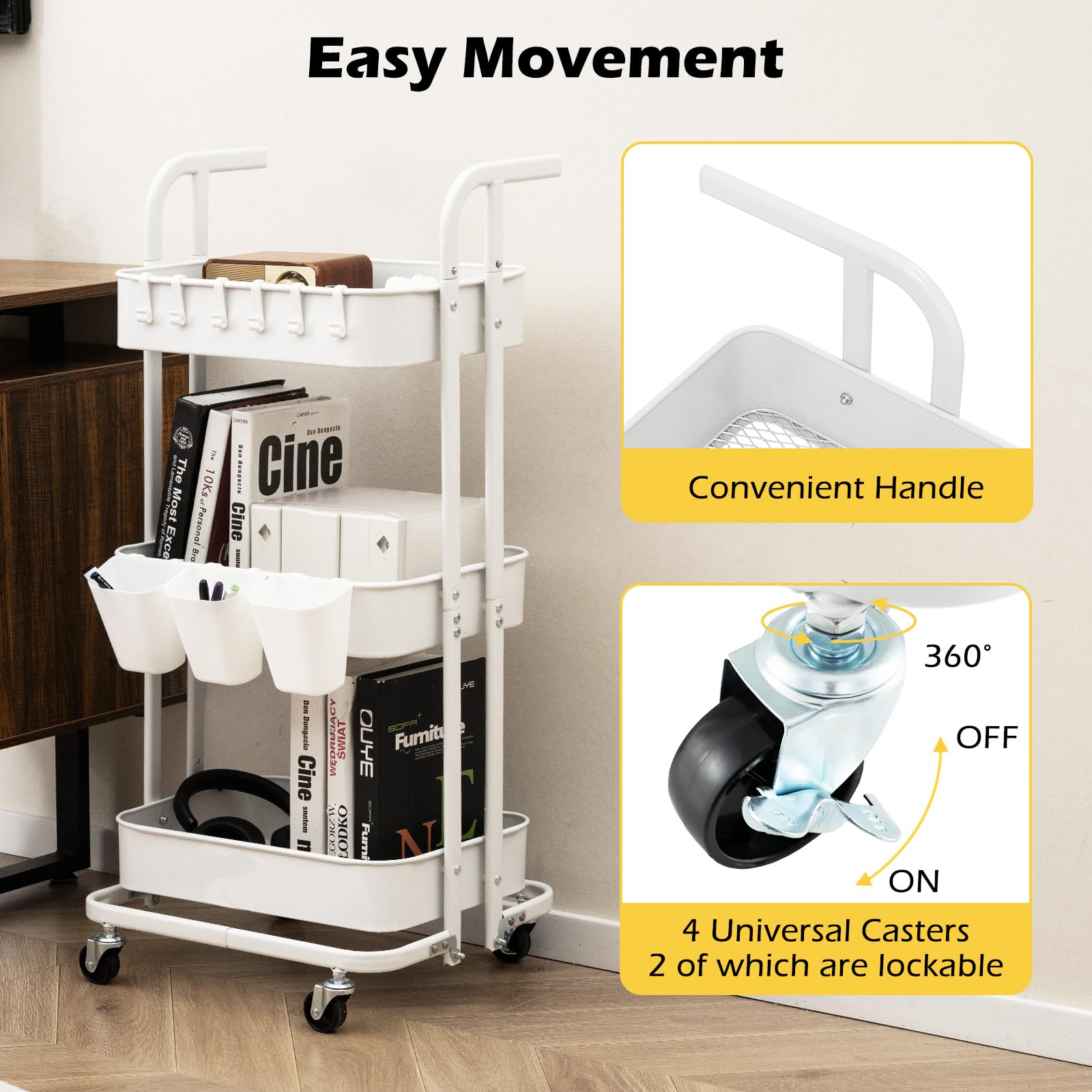 Giantex 3-Tier Rolling Cart, Folding Storage Cart w/ 3 Hanging Cups & 6 Hooks