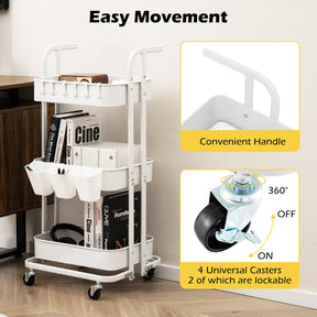 Giantex 3-Tier Rolling Cart, Folding Storage Cart w/ 3 Hanging Cups & 6 Hooks