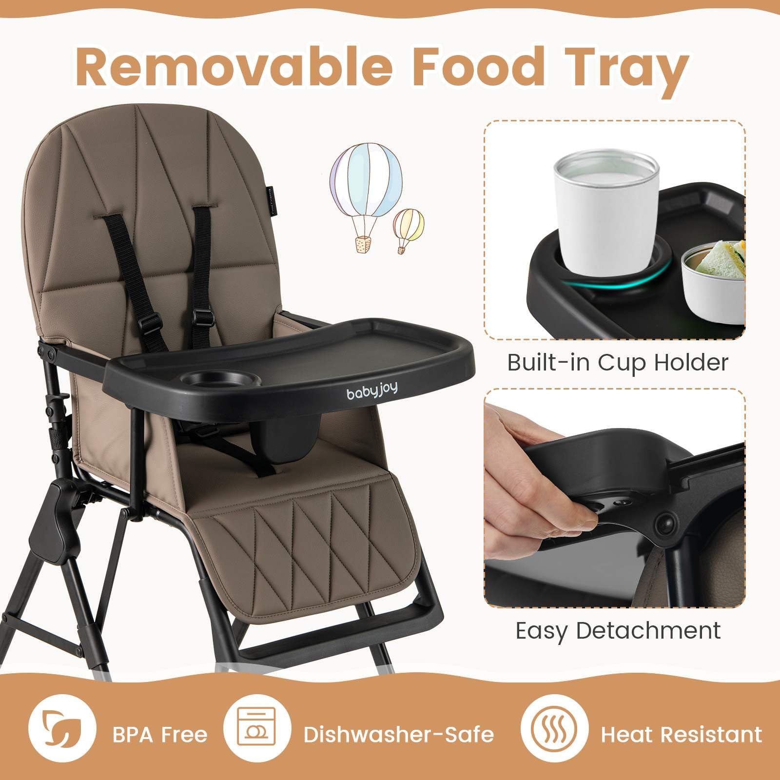 Foldable High Chair, Easy Clean Compact Highchair with Removable Adjustable Tray and PU Seat Cushion