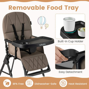 Foldable High Chair, Easy Clean Compact Highchair with Removable Adjustable Tray and PU Seat Cushion