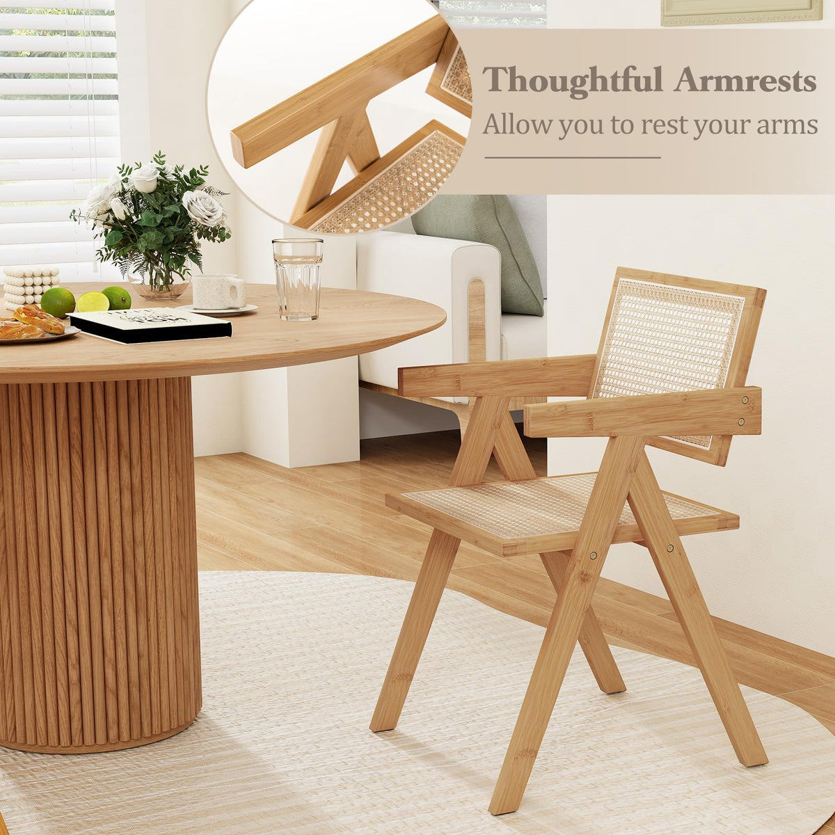 Rattan Dining Chair, Cane Kitchen Chair with Sturdy Bamboo Frame
