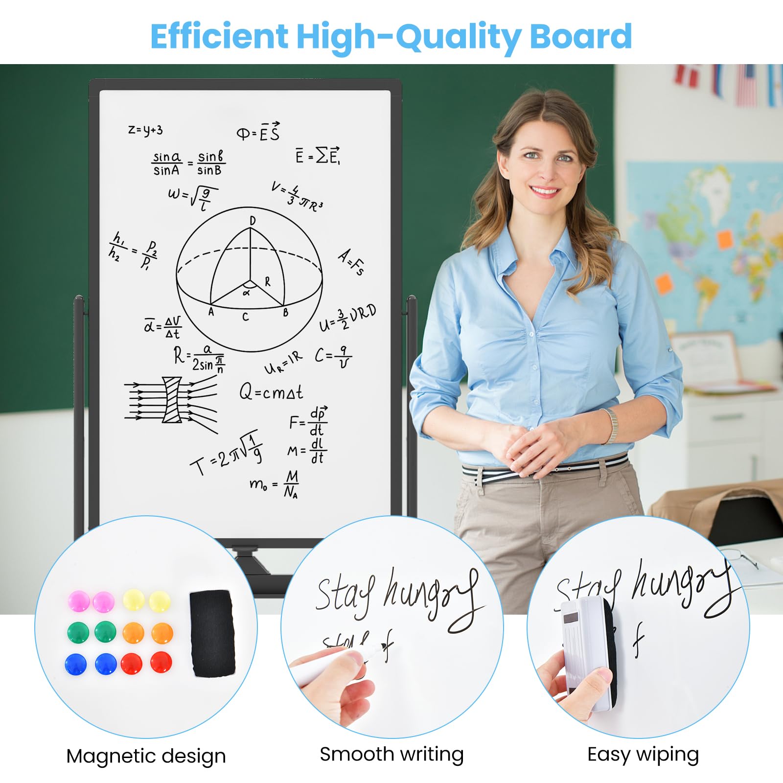 Mobile Magnetic Double-Sided Reversible Whiteboard, 360° Rolling Dry Erase Board w/Markers