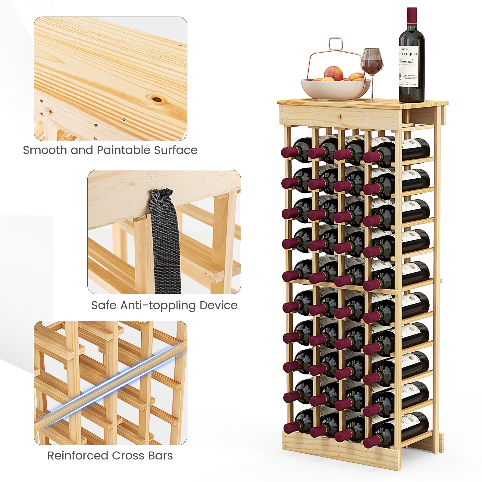 Giantex 40 Bottles Modular Wine Rack, Solid Wood Wine Bottle Holder with Anti-toppling Device