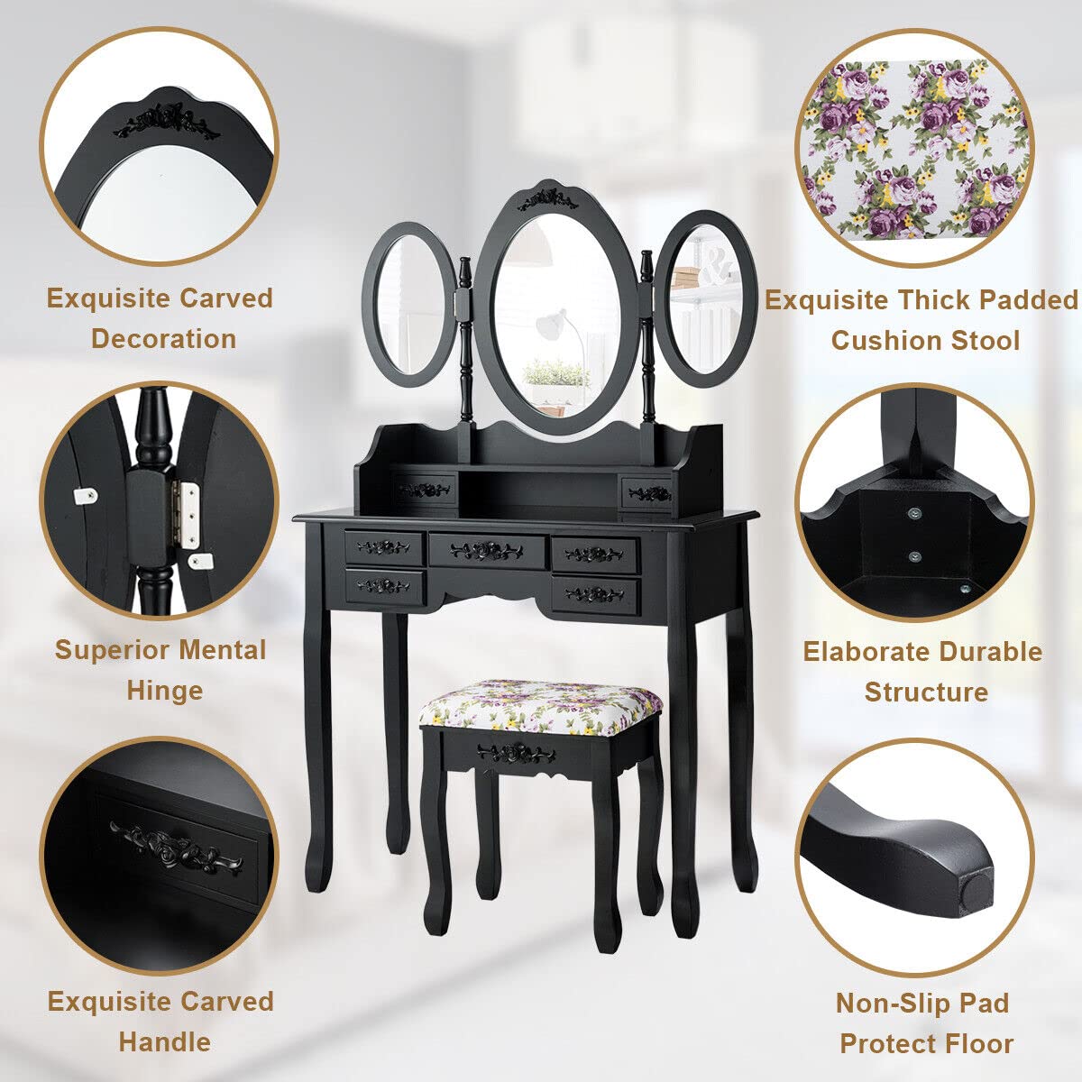 Giantex Folding Vanity Table Set with Mirrors, Elegant Makeup Table & Cushioned Stool Set w/ 7 Drawers and Open Shelf