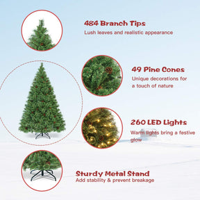 1.8M Artificial Christmas Tree, Pre-Lit Hinged Pine Tree w/ 484 Tips, 260 Warm LED Lights