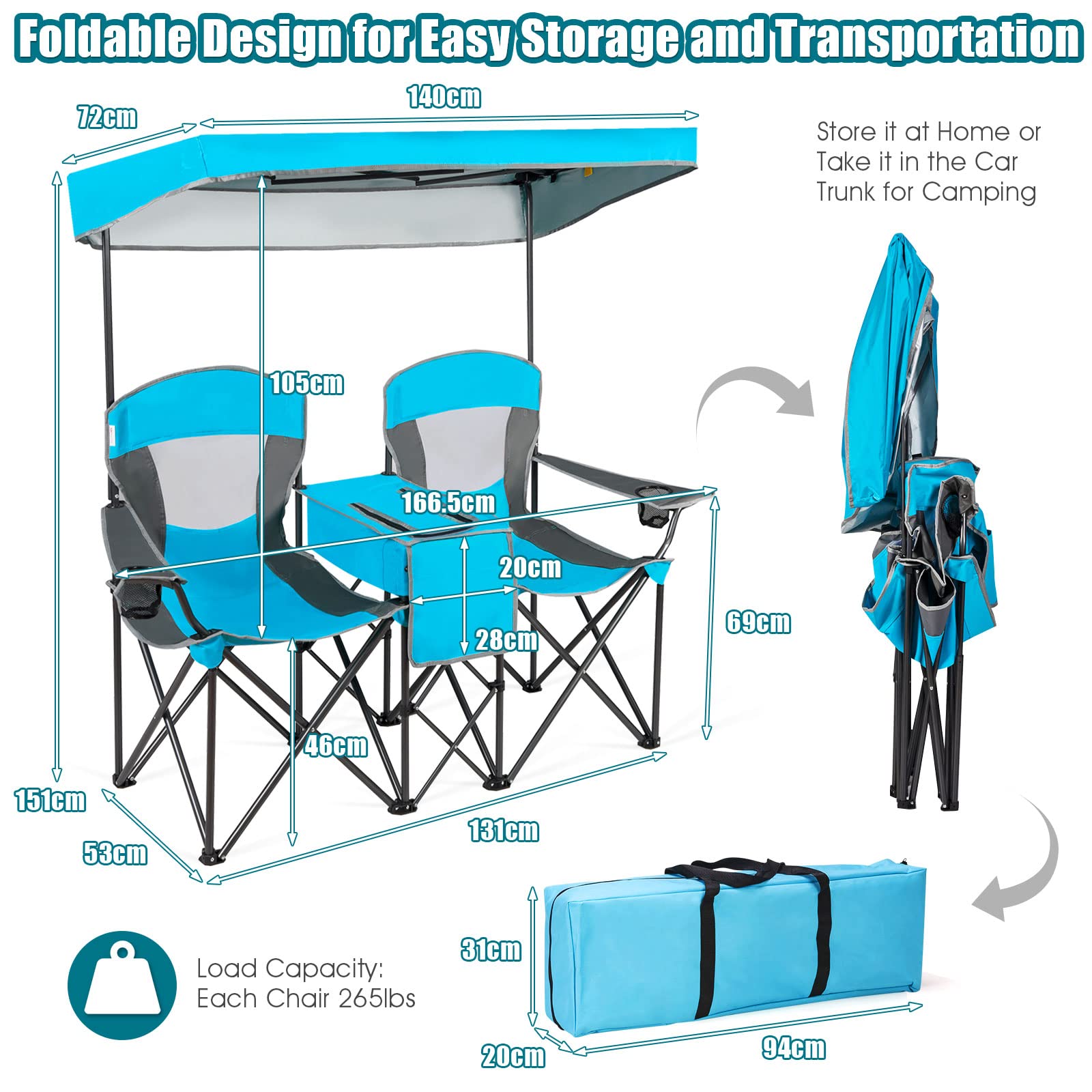 Double Folding Canopy Chair, Outdoor 2-Person Camping Seat with Adjustable Sun Shade