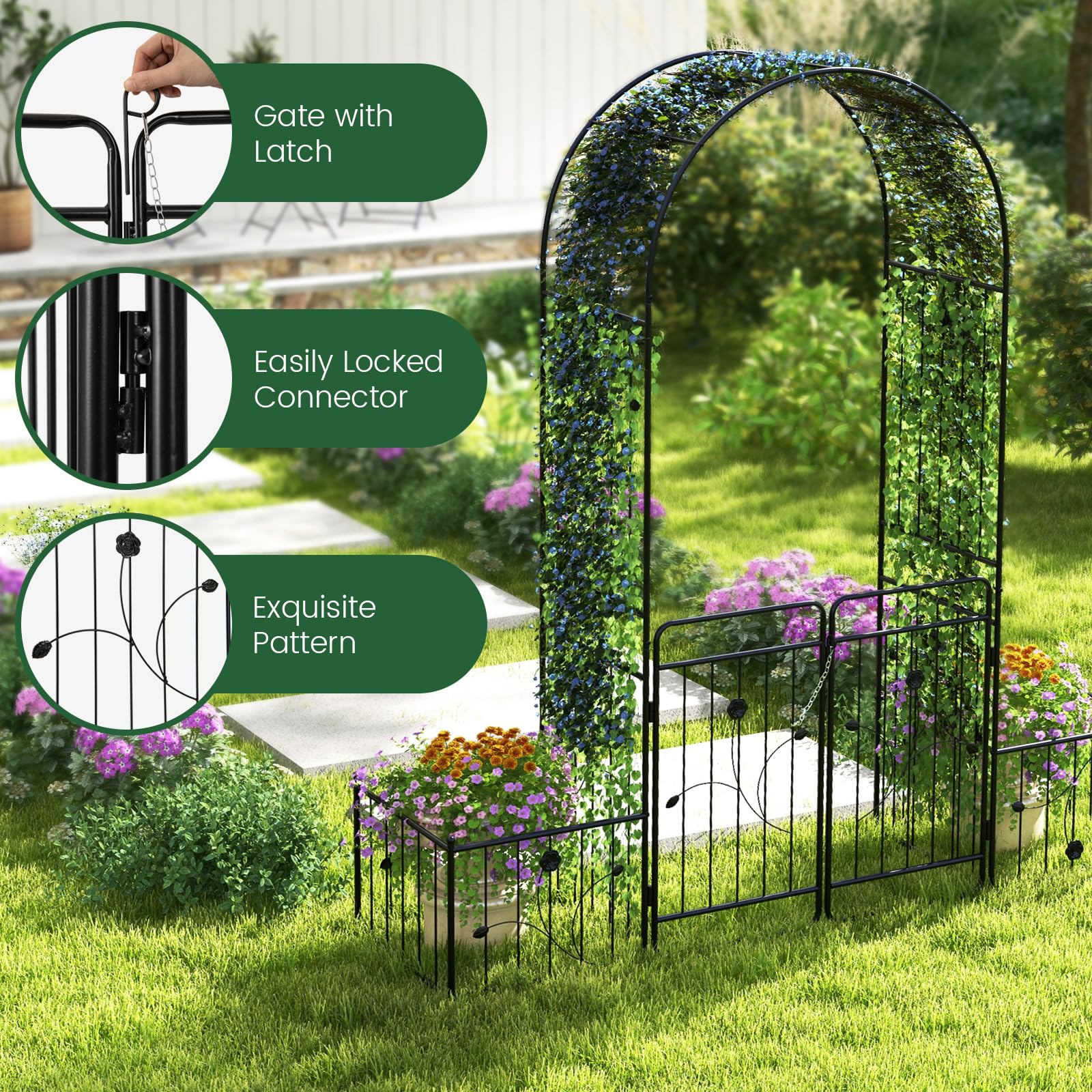 2.2M Garden Arbor, Metal Arch Trellis Lockable Gate, Arched Top Arbor Trellis w/Side Planters